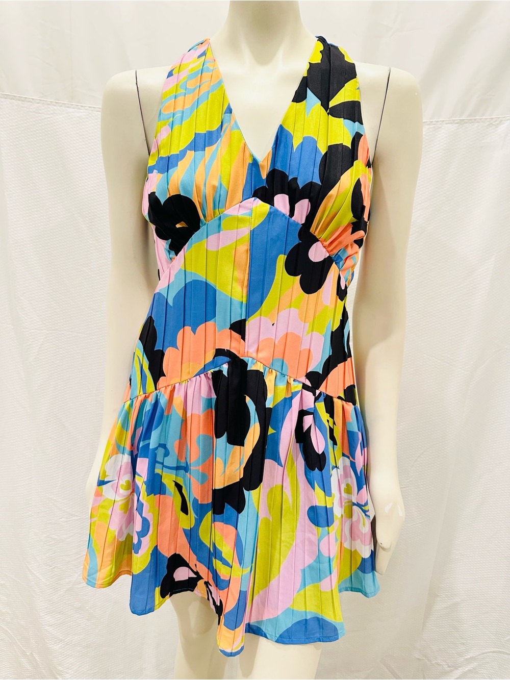 RARE! Ciebon Sleeveless Multicolor Retro Floral Print Pleated Mini Dress